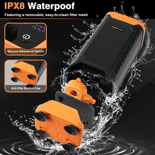 Alt view image 5 of 7 - Portable Camping Shower, 8000mAh Rechargeable Outdoor Shower Pump | Filtered Showerhead, Intelligent LED Display, IPX8 Waterproof, Camping Shower Kit for Hiking, RV, Car Washing, Pet Bath