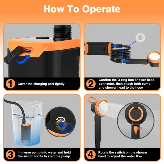 Alt view image 6 of 7 - Portable Camping Shower, 8000mAh Rechargeable Outdoor Shower Pump | Filtered Showerhead, Intelligent LED Display, IPX8 Waterproof, Camping Shower Kit for Hiking, RV, Car Washing, Pet Bath