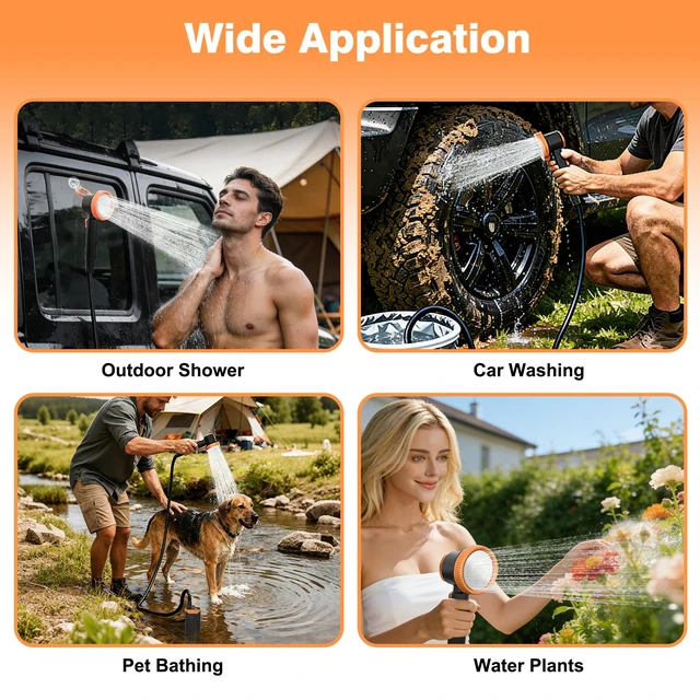 Alt view image 7 of 7 - Portable Camping Shower, 8000mAh Rechargeable Outdoor Shower Pump | Filtered Showerhead, Intelligent LED Display, IPX8 Waterproof, Camping Shower Kit for Hiking, RV, Car Washing, Pet Bath