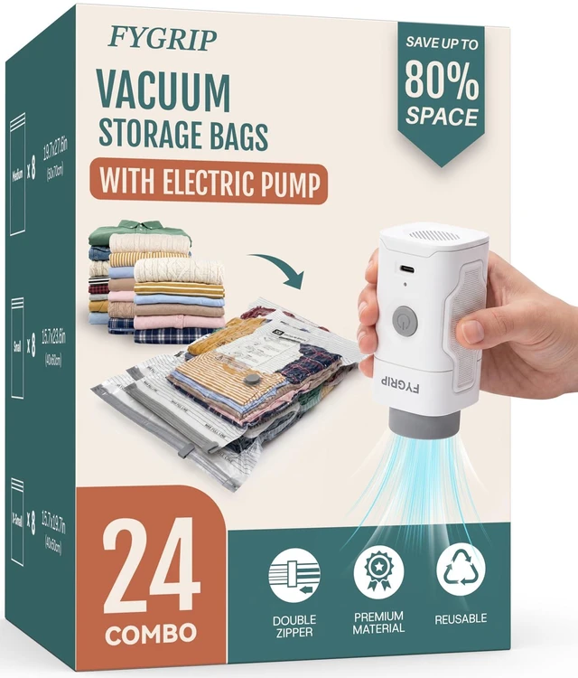 Main image of Rechargeable Cordless Pump Vacuum Storage Bags, 24 M/S/XS Combo | 80% Space Saver Plastic Packaging Bags for Clothes, Travel Luggage & Bedding, Closet Organization