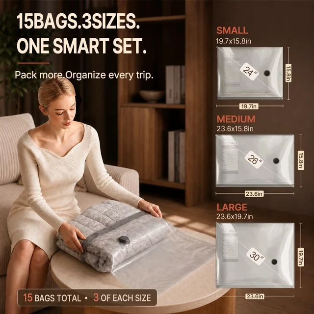 Alt view image 3 of 7 - Travel Vacuum Bags with Rechargeable Pump, Carry-On Space Saver | See Contents Easily with Transparent Bags, 1500mAh Pump Compresses 90+ Bags, Carry-On Size for Easy Travel Packing