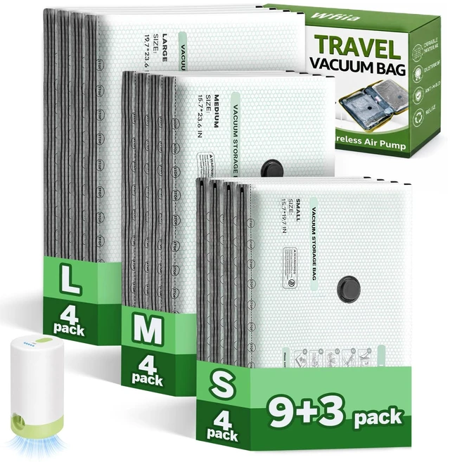Main image of 9+3 Packs Vacuum Bags for Travel with Rechargeable Pump, 3 Sizes Heavy Duty Vacuum Seal Bags for Clothing, Compression Vacuum Travel Bags for Luggage, Vacuum Packing Bags for Closet Organization