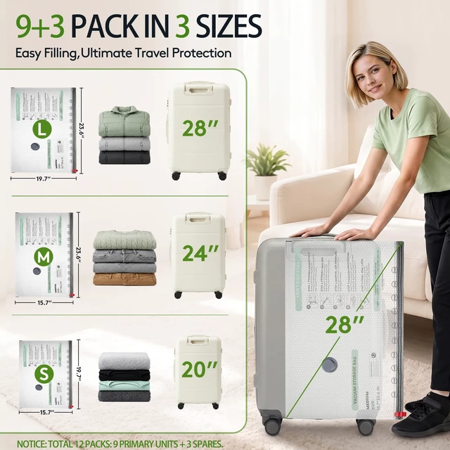 Alt view image 4 of 7 - 9+3 Packs Vacuum Bags for Travel with Rechargeable Pump, 3 Sizes Heavy Duty Vacuum Seal Bags for Clothing, Compression Vacuum Travel Bags for Luggage, Vacuum Packing Bags for Closet Organization