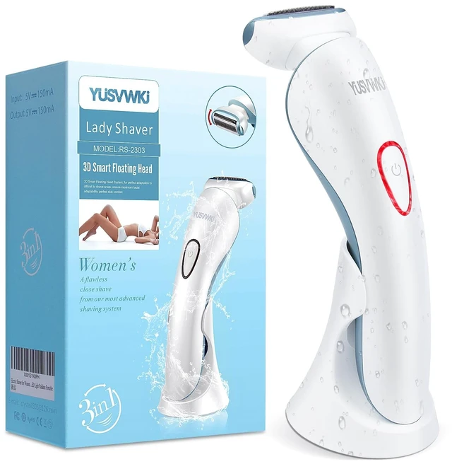 Main image of Beffkkip Women's Electric Razor for Legs with Charging Stand, Blue & White | 3-in-1 wet and dry shaver with floating foil, built-in light and USB charging for arms, underarms and outer bikini line