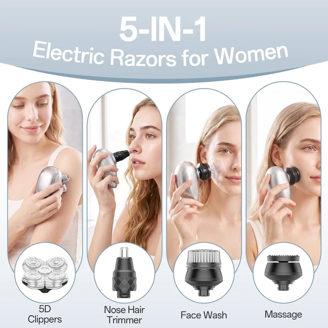 Alt view image 4 of 4 - 5-in-1 Electric Razors for Women Legs, Waterproof Wet/Dry, Portable Electric Shavers for Full Body, Rechargeable Hair Remover for Lady