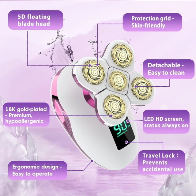 Alt view image 2 of 6 - Electric Razors for Women- Waterproof & Travel Lock for 5D Rotary Shaver | IPX7 Waterproof, Type-C Fast Charging, 90 Min RuntimeLED