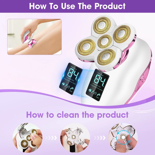 Alt view image 5 of 6 - Electric Razors for Women- Waterproof & Travel Lock for 5D Rotary Shaver | IPX7 Waterproof, Type-C Fast Charging, 90 Min RuntimeLED