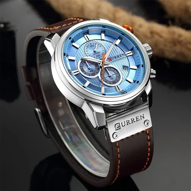 Alt view image 2 of 6 - Mens Leather Strap Watches Classic Casual Dress Stainless Steel Waterproof Chronograph Date Analog Quartz Watch (Silver Blue)