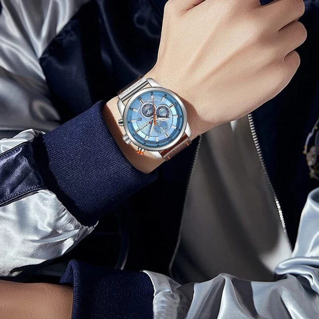 Alt view image 4 of 6 - Mens Leather Strap Watches Classic Casual Dress Stainless Steel Waterproof Chronograph Date Analog Quartz Watch (Silver Blue)