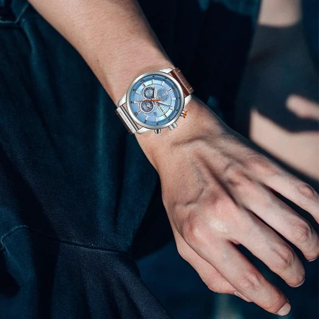 Alt view image 5 of 6 - Mens Leather Strap Watches Classic Casual Dress Stainless Steel Waterproof Chronograph Date Analog Quartz Watch (Silver Blue)