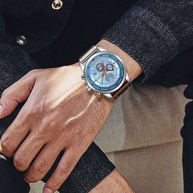 Alt view image 3 of 6 - Mens Leather Strap Watches Classic Casual Dress Stainless Steel Waterproof Chronograph Date Analog Quartz Watch (Silver Blue)