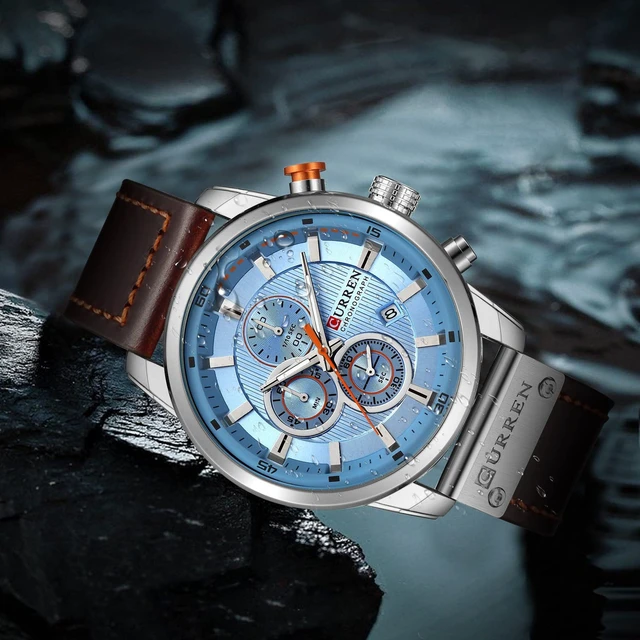 Alt view image 6 of 6 - Mens Leather Strap Watches Classic Casual Dress Stainless Steel Waterproof Chronograph Date Analog Quartz Watch (Silver Blue)