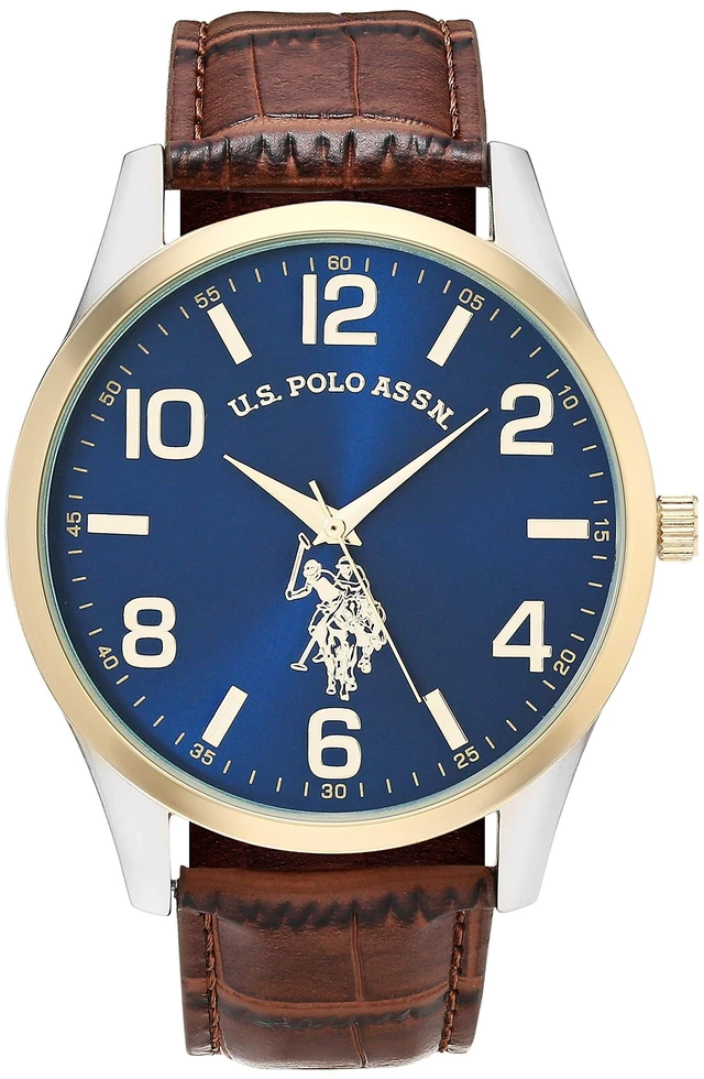 Main image of U.S. Polo Assn. Men's Analog Dress Watch with Blue Sunray Dial Gold-Tone Bezel and Brown Faux Leather Strap Classic Quartz Timepiece Includes Box Fits Wrists 5.5"-8"