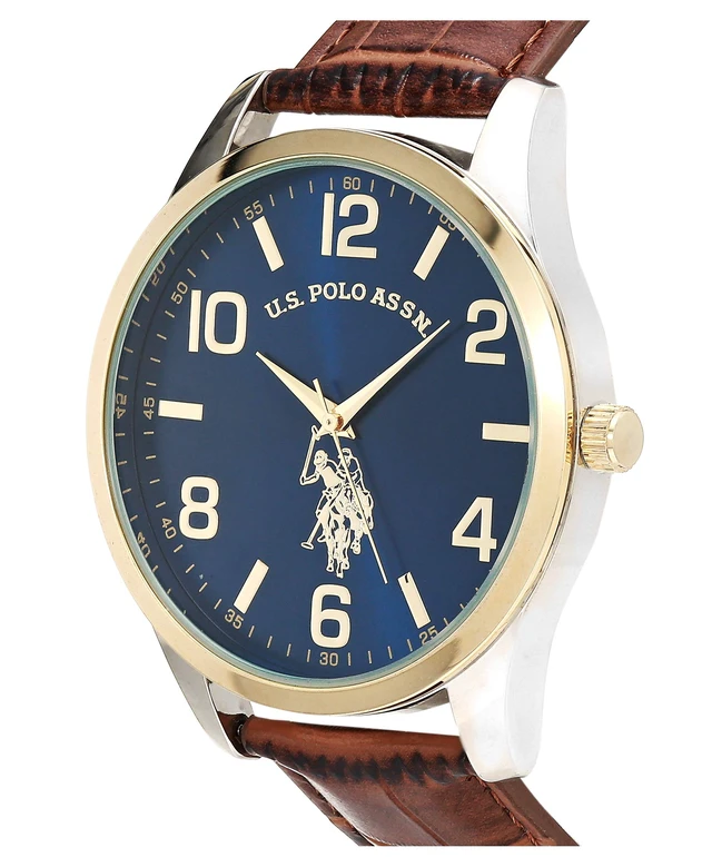 Alt view image 2 of 4 - U.S. Polo Assn. Men's Analog Dress Watch with Blue Sunray Dial Gold-Tone Bezel and Brown Faux Leather Strap Classic Quartz Timepiece Includes Box Fits Wrists 5.5"-8"