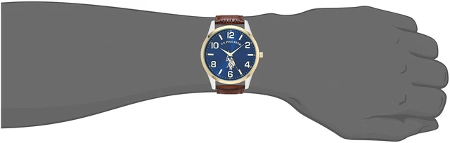 Alt view image 3 of 4 - U.S. Polo Assn. Men's Analog Dress Watch with Blue Sunray Dial Gold-Tone Bezel and Brown Faux Leather Strap Classic Quartz Timepiece Includes Box Fits Wrists 5.5"-8"