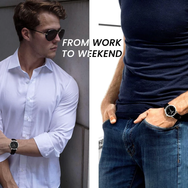Alt view image 4 of 7 - Mens Watch Black Dial Dress Watch 40mm, Ultra Slim Mens Watch Black Leather Strap, Quartz Analog Mens Wrist Watch, Classic Minimalist Watch for Men