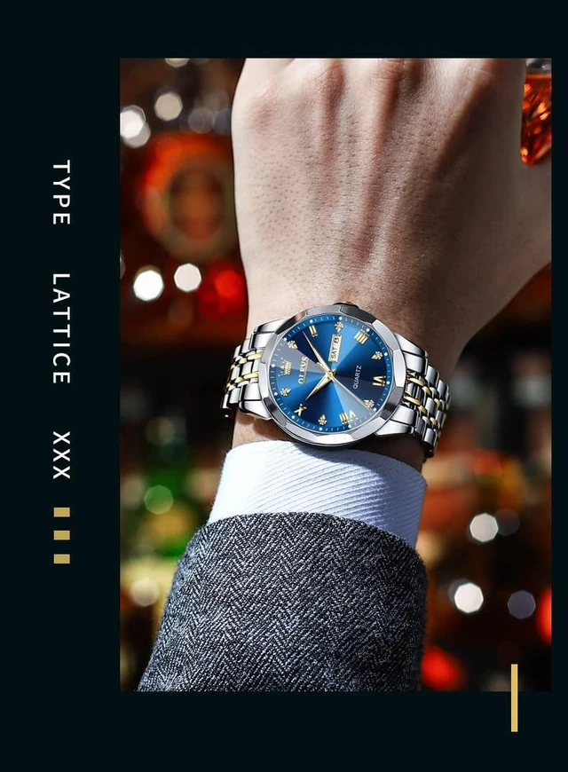 Alt view image 2 of 7 - Watch for Men Diamond Business Dress Analog Stainless Steel Waterproof Luminous Date Two Tone Luxury Casual Wrist Watch Blue