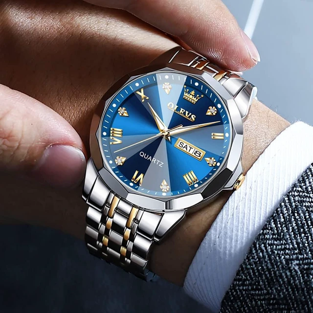 Alt view image 3 of 7 - Watch for Men Diamond Business Dress Analog Stainless Steel Waterproof Luminous Date Two Tone Luxury Casual Wrist Watch Blue