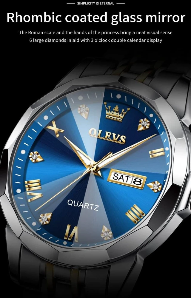 Alt view image 4 of 7 - Watch for Men Diamond Business Dress Analog Stainless Steel Waterproof Luminous Date Two Tone Luxury Casual Wrist Watch Blue