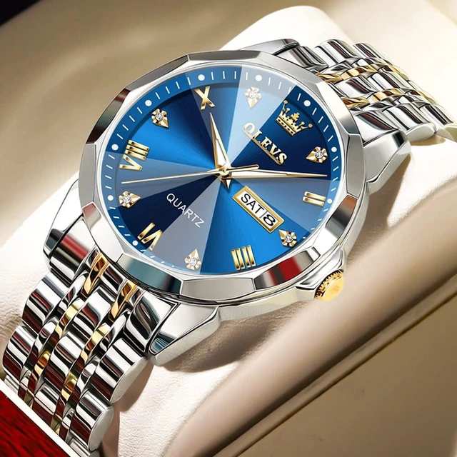 Alt view image 5 of 7 - Watch for Men Diamond Business Dress Analog Stainless Steel Waterproof Luminous Date Two Tone Luxury Casual Wrist Watch Blue