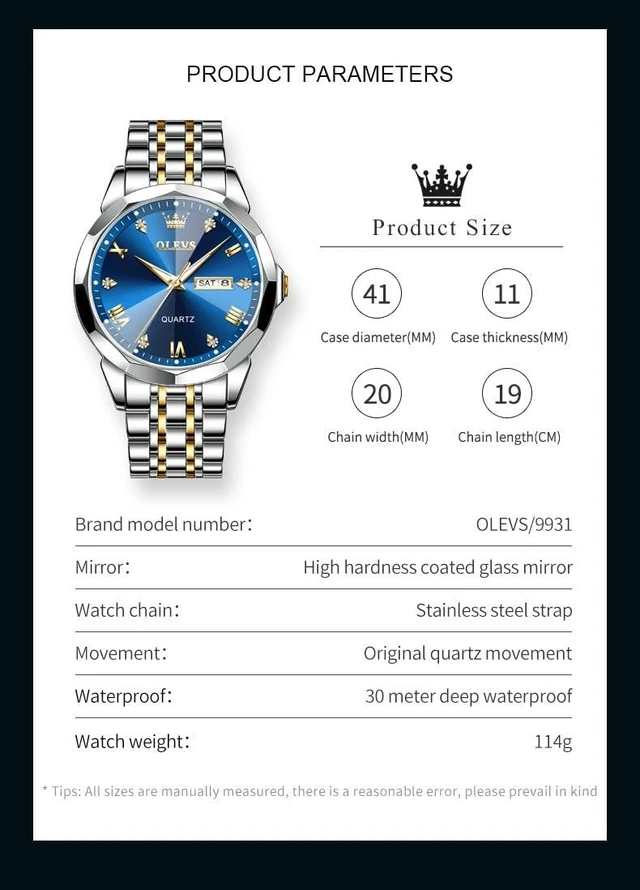 Alt view image 6 of 7 - Watch for Men Diamond Business Dress Analog Stainless Steel Waterproof Luminous Date Two Tone Luxury Casual Wrist Watch Blue