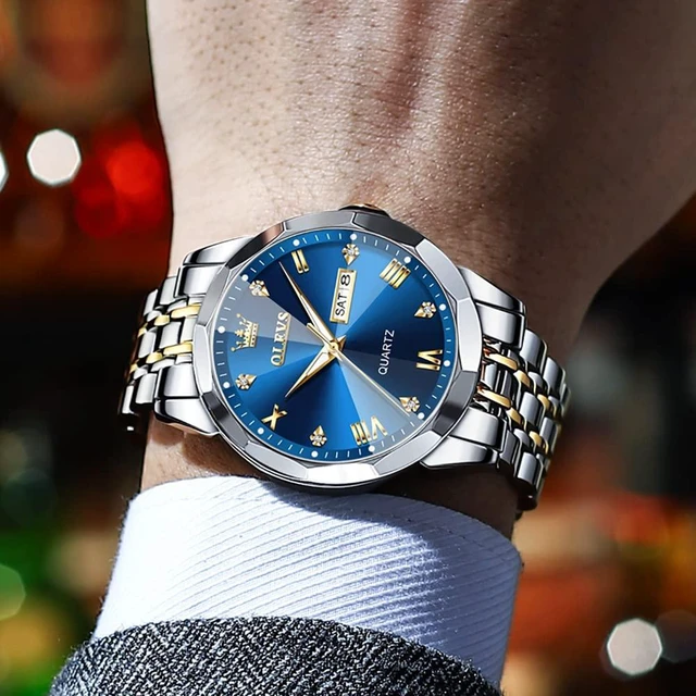 Alt view image 7 of 7 - Watch for Men Diamond Business Dress Analog Stainless Steel Waterproof Luminous Date Two Tone Luxury Casual Wrist Watch Blue