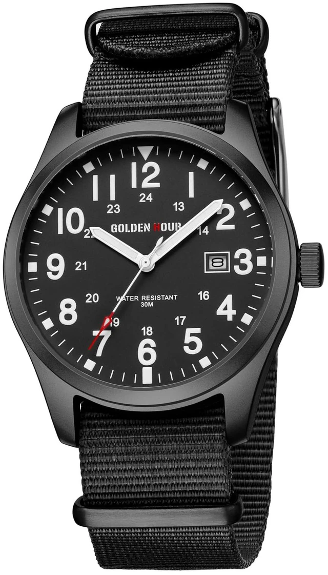 Main image of Men's Nylon Slip-Thru Strap Watch with Military Time Easy Read Dial Glowing Hands in Black