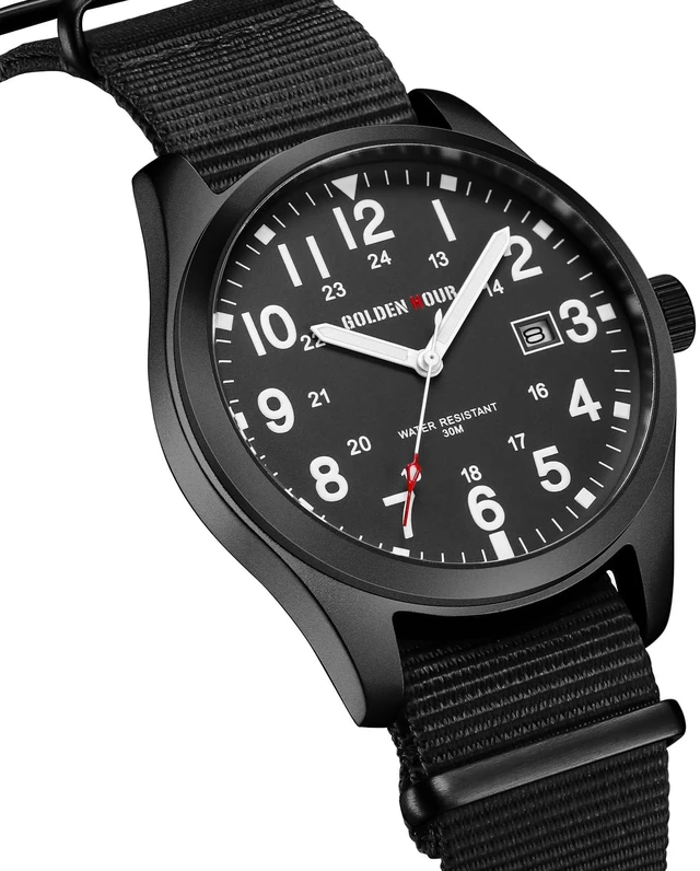 Alt view image 2 of 7 - Men's Nylon Slip-Thru Strap Watch with Military Time Easy Read Dial Glowing Hands in Black