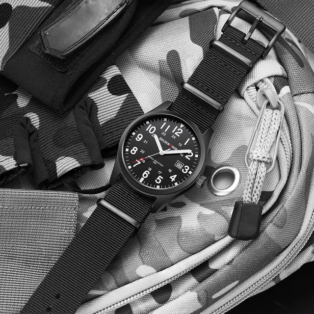 Alt view image 6 of 7 - Men's Nylon Slip-Thru Strap Watch with Military Time Easy Read Dial Glowing Hands in Black