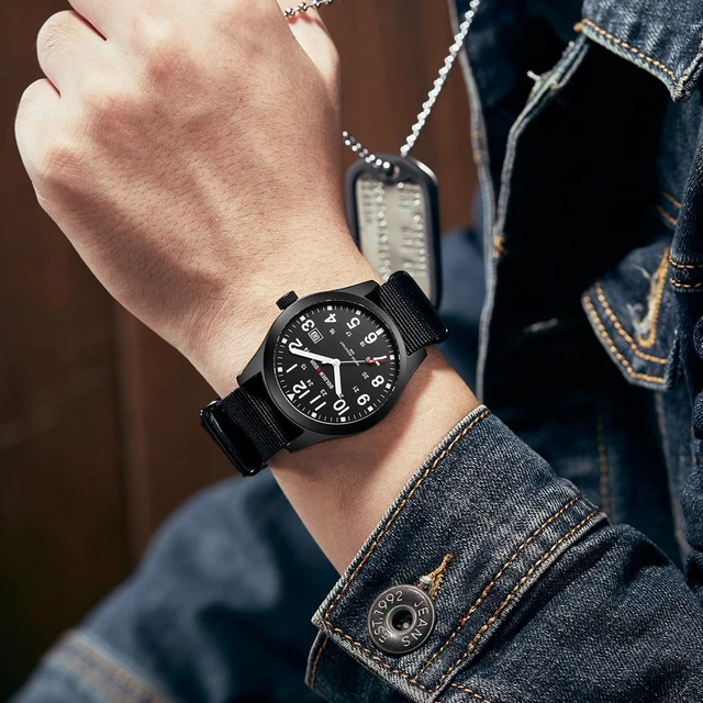 Alt view image 7 of 7 - Men's Nylon Slip-Thru Strap Watch with Military Time Easy Read Dial Glowing Hands in Black