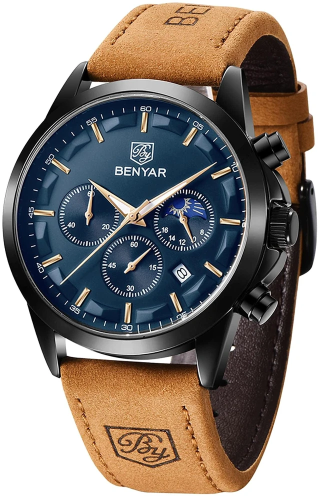 Main image of Men's Chronograph Waterproof Luminous Date Watches Stainless Steel Bracelet Large Dial Classic Business Fashion Analogue Quartz Watches Elegant Gift for Men, Brown Black Blue, Men, Casual