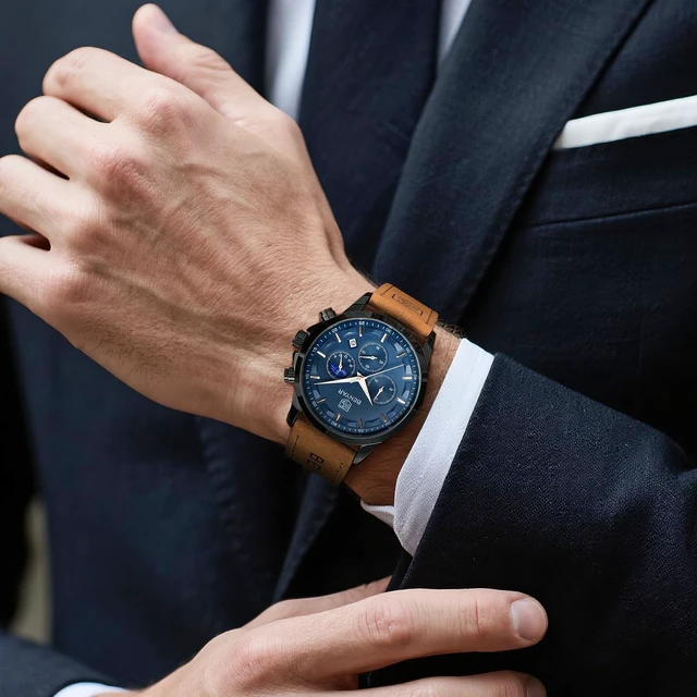 Alt view image 3 of 7 - Men's Chronograph Waterproof Luminous Date Watches Stainless Steel Bracelet Large Dial Classic Business Fashion Analogue Quartz Watches Elegant Gift for Men, Brown Black Blue, Men, Casual