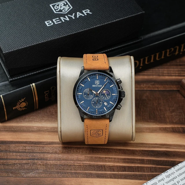 Alt view image 4 of 7 - Men's Chronograph Waterproof Luminous Date Watches Stainless Steel Bracelet Large Dial Classic Business Fashion Analogue Quartz Watches Elegant Gift for Men, Brown Black Blue, Men, Casual