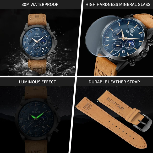 Alt view image 6 of 7 - Men's Chronograph Waterproof Luminous Date Watches Stainless Steel Bracelet Large Dial Classic Business Fashion Analogue Quartz Watches Elegant Gift for Men, Brown Black Blue, Men, Casual