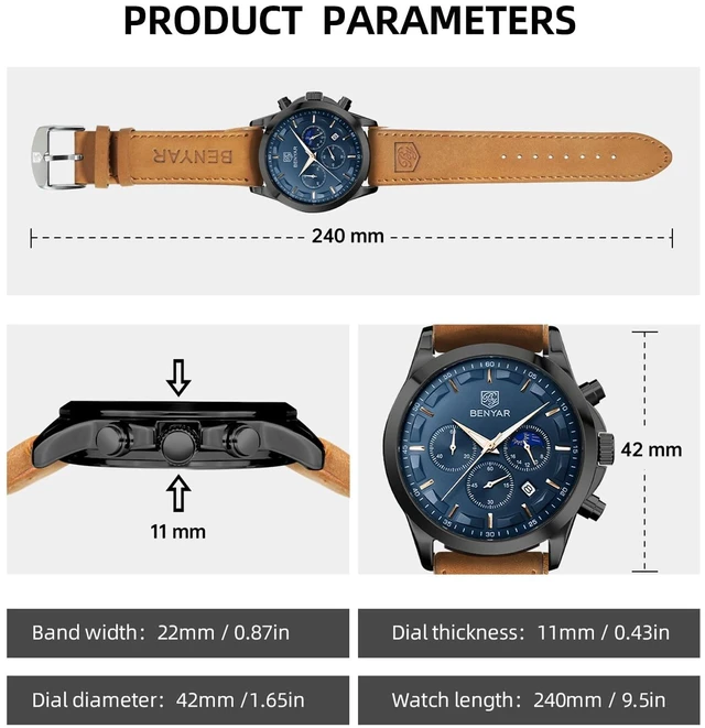 Alt view image 7 of 7 - Men's Chronograph Waterproof Luminous Date Watches Stainless Steel Bracelet Large Dial Classic Business Fashion Analogue Quartz Watches Elegant Gift for Men, Brown Black Blue, Men, Casual