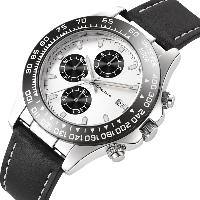 Alt view image 2 of 7 - Men's Leather Chronograph Watch,Luminous Hands,Gift for Men | 3ATM Waterproof Dress Watch,Silver Quartz Analog Wrist Watch,Stainless Steel Case,Date Display,Classic Luxury Vintage