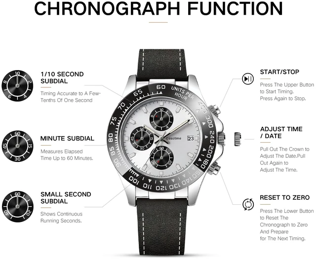 Alt view image 4 of 7 - Men's Leather Chronograph Watch,Luminous Hands,Gift for Men | 3ATM Waterproof Dress Watch,Silver Quartz Analog Wrist Watch,Stainless Steel Case,Date Display,Classic Luxury Vintage