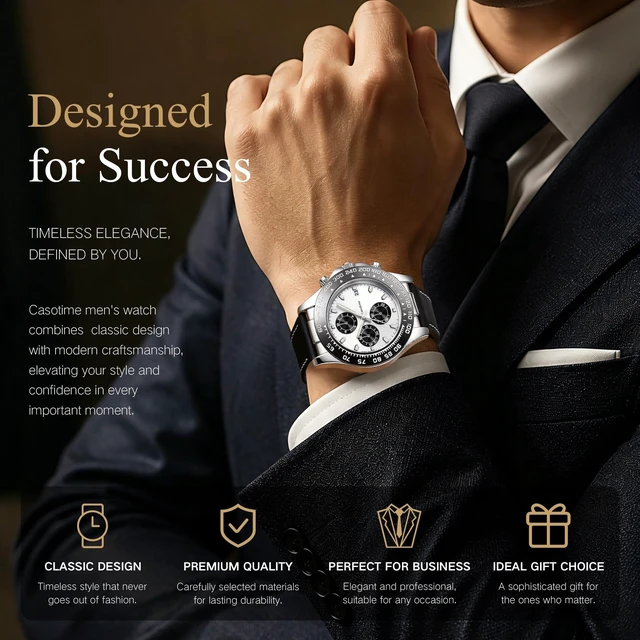 Alt view image 3 of 7 - Men's Leather Chronograph Watch,Luminous Hands,Gift for Men | 3ATM Waterproof Dress Watch,Silver Quartz Analog Wrist Watch,Stainless Steel Case,Date Display,Classic Luxury Vintage