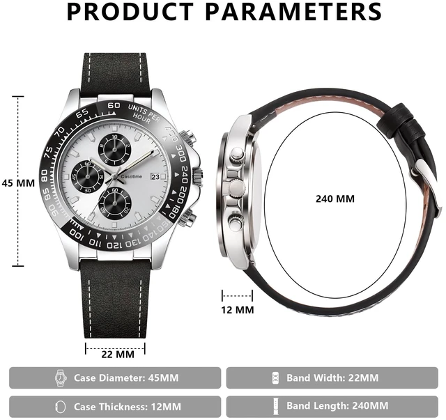 Alt view image 5 of 7 - Men's Leather Chronograph Watch,Luminous Hands,Gift for Men | 3ATM Waterproof Dress Watch,Silver Quartz Analog Wrist Watch,Stainless Steel Case,Date Display,Classic Luxury Vintage