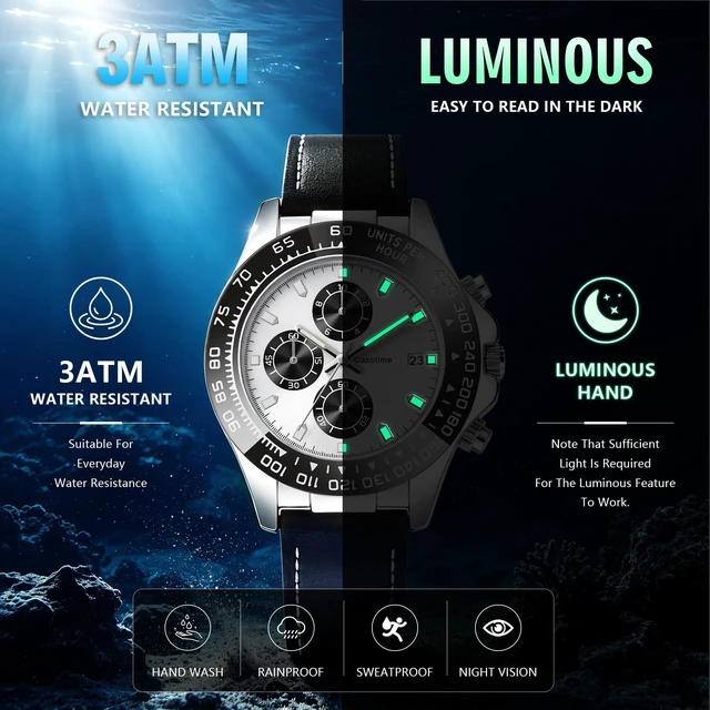 Alt view image 6 of 7 - Men's Leather Chronograph Watch,Luminous Hands,Gift for Men | 3ATM Waterproof Dress Watch,Silver Quartz Analog Wrist Watch,Stainless Steel Case,Date Display,Classic Luxury Vintage