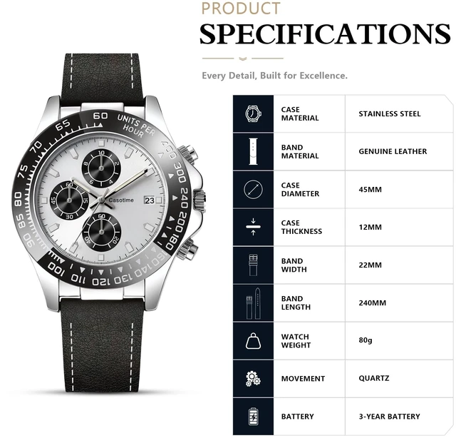 Alt view image 7 of 7 - Men's Leather Chronograph Watch,Luminous Hands,Gift for Men | 3ATM Waterproof Dress Watch,Silver Quartz Analog Wrist Watch,Stainless Steel Case,Date Display,Classic Luxury Vintage
