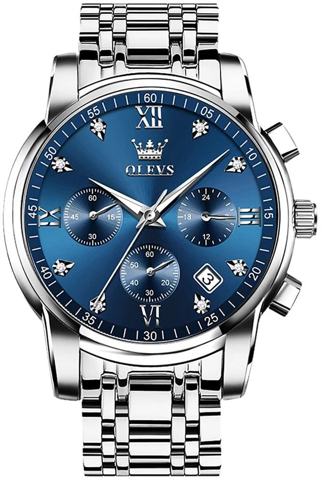 Main image of Men's Diamond Watches Blue Dial Roman numerals Chronograph Watches for Men Stainless Steel Band Fashion Luminous Hands Multi-Function Quartz Watch Water Resistant Silver Tone Men Watch with Date
