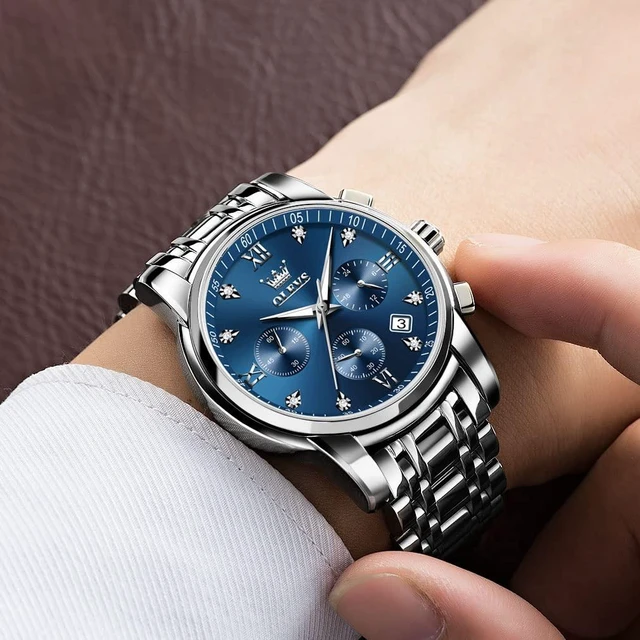 Alt view image 2 of 6 - Men's Diamond Watches Blue Dial Roman numerals Chronograph Watches for Men Stainless Steel Band Fashion Luminous Hands Multi-Function Quartz Watch Water Resistant Silver Tone Men Watch with Date