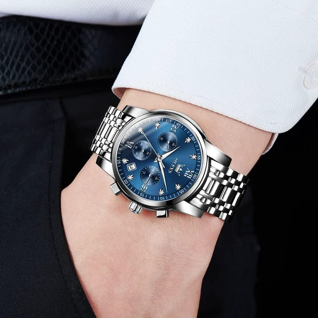 Alt view image 3 of 6 - Men's Diamond Watches Blue Dial Roman numerals Chronograph Watches for Men Stainless Steel Band Fashion Luminous Hands Multi-Function Quartz Watch Water Resistant Silver Tone Men Watch with Date