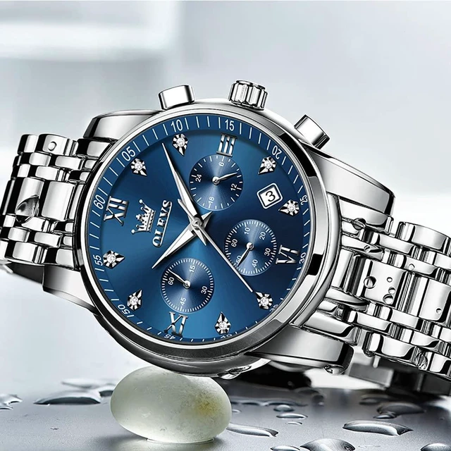 Alt view image 4 of 6 - Men's Diamond Watches Blue Dial Roman numerals Chronograph Watches for Men Stainless Steel Band Fashion Luminous Hands Multi-Function Quartz Watch Water Resistant Silver Tone Men Watch with Date