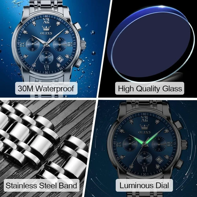 Alt view image 5 of 6 - Men's Diamond Watches Blue Dial Roman numerals Chronograph Watches for Men Stainless Steel Band Fashion Luminous Hands Multi-Function Quartz Watch Water Resistant Silver Tone Men Watch with Date