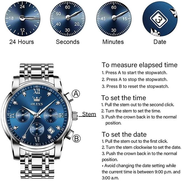 Alt view image 6 of 6 - Men's Diamond Watches Blue Dial Roman numerals Chronograph Watches for Men Stainless Steel Band Fashion Luminous Hands Multi-Function Quartz Watch Water Resistant Silver Tone Men Watch with Date