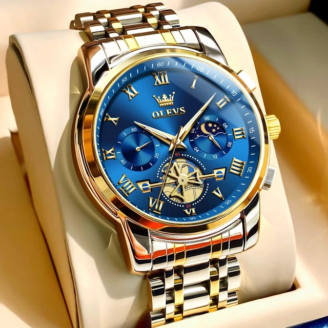 Alt view image 3 of 7 - Blue Watches for Men Luxury Analog Stainless Steel Dress Mens Watches | Fashion Mens Wrist Watch Classic Nice Luminous Sport Mens Watches Gold and Silver Chronograph Moon Phase Relojes Para Hombres