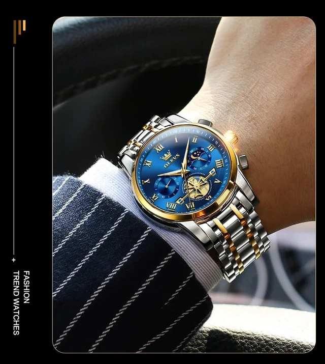 Alt view image 2 of 7 - Blue Watches for Men Luxury Analog Stainless Steel Dress Mens Watches | Fashion Mens Wrist Watch Classic Nice Luminous Sport Mens Watches Gold and Silver Chronograph Moon Phase Relojes Para Hombres