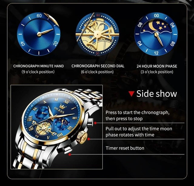 Alt view image 4 of 7 - Blue Watches for Men Luxury Analog Stainless Steel Dress Mens Watches | Fashion Mens Wrist Watch Classic Nice Luminous Sport Mens Watches Gold and Silver Chronograph Moon Phase Relojes Para Hombres